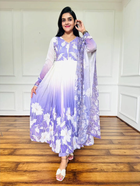 Designer Lavender Digital Print Work Designer Anarkali Three Piece Set