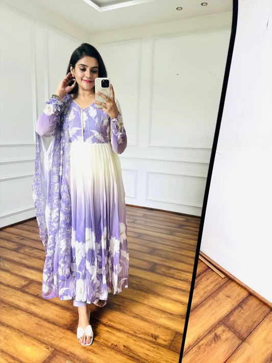 Designer Lavender Digital Print Work Designer Anarkali Three Piece Set