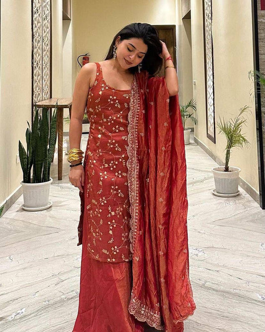 Designer Party Wear Organza Orange Color Plazzo Suit Set