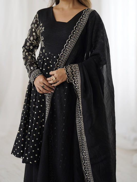 Wedding Wear Black Color Crunchy Silk Embroidered Sharara Suit Set
