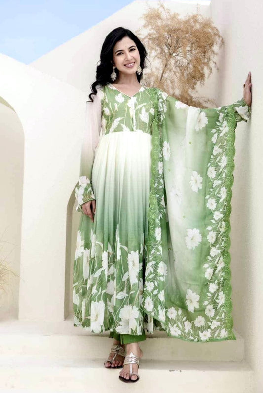 Designer Green Digital Print Work Designer Anarkali Three Piece Set