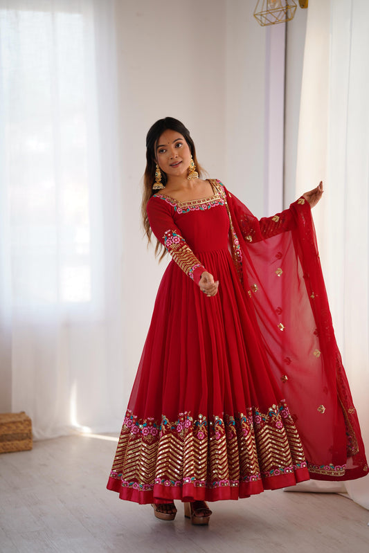 Karwachauth Special Elegant Embroidered Sequence Designer Anarkali Three Piece Set