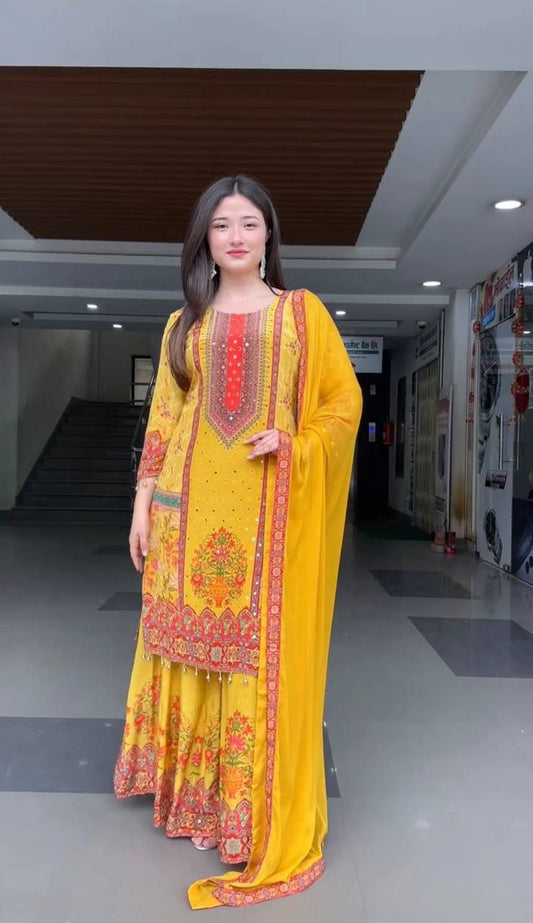 Haldi Wear Designer Silk Digital Print Plazzo Suit Set