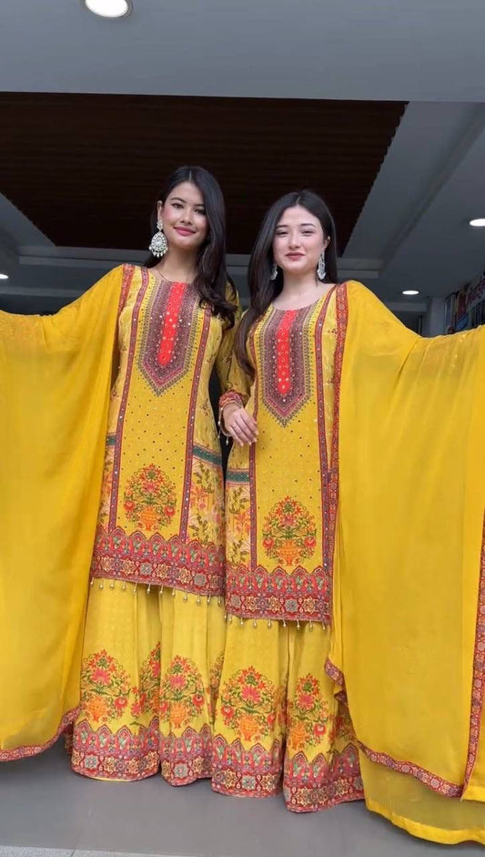 Haldi Wear Designer Silk Digital Print Plazzo Suit Set