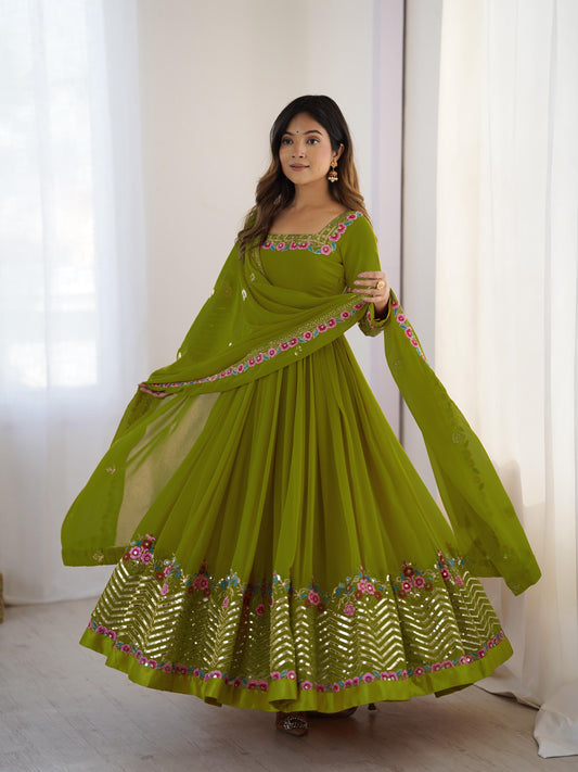Green Color Elegant Embroidered Sequence Designer Anarkali Three Piece Set