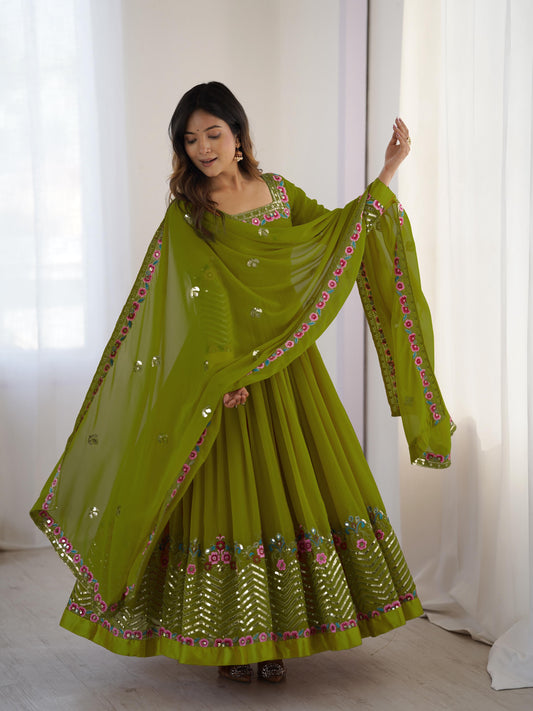 Green Color Elegant Embroidered Sequence Designer Anarkali Three Piece Set