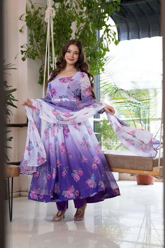 Pure Soft Lightweight Organza Floral Print Anarkali Suit Set