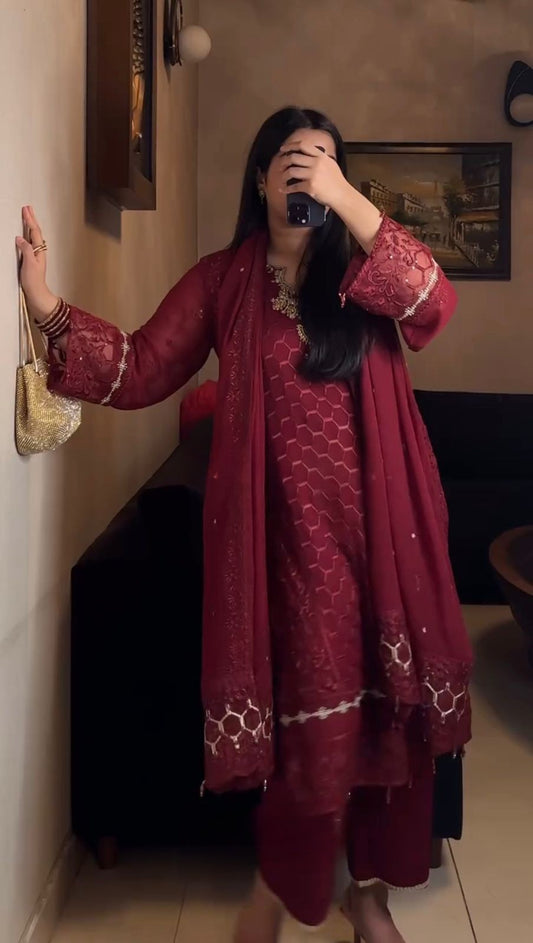 Designer Party Wear Maroon Heavy Embroidered Plazzo Suit Set