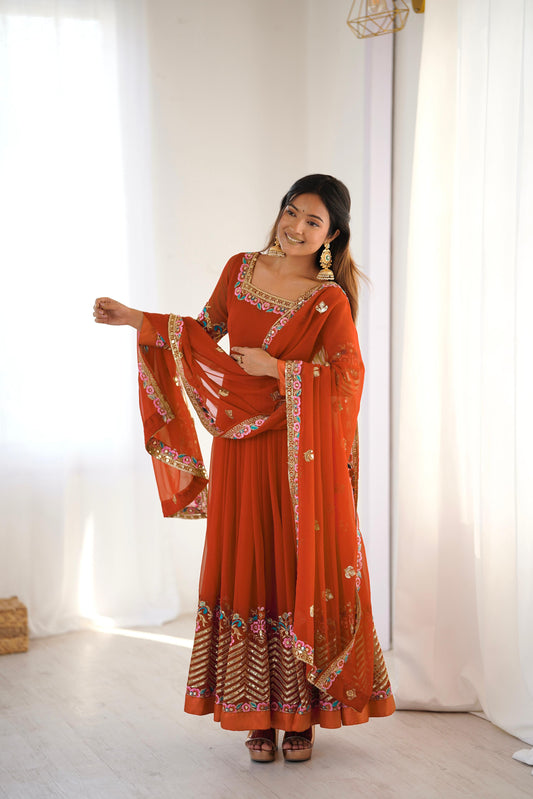 Orange Color Elegant Embroidered Sequence Designer Anarkali Suit