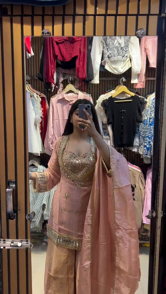 Designer Party Wear Peach Color Mirror Work Plazzo Suit Set