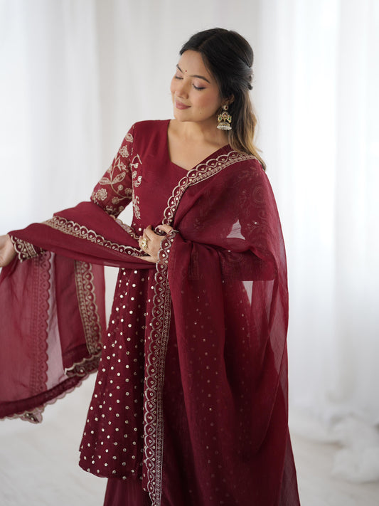 Wedding Wear Maroon Color Crunchy Silk Embroidered Sharara Suit Set