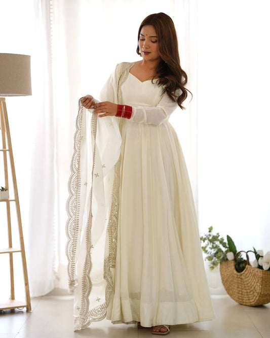 White Anarkali Suit with Embroidered Dupatta