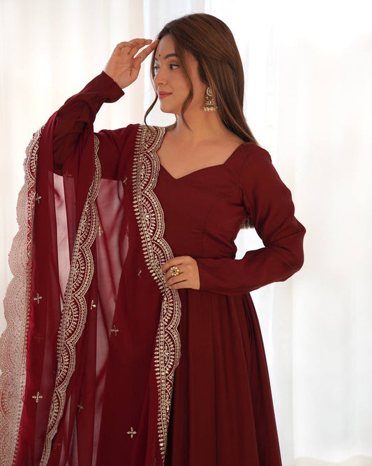 Maroon Yellow Anarkali Suit with Embroidered Dupatta