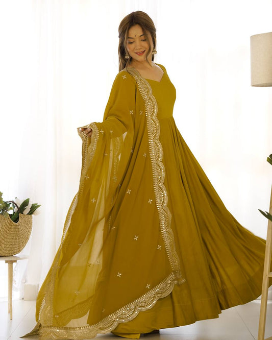 Mustard Yellow Anarkali Suit with Embroidered Dupatta