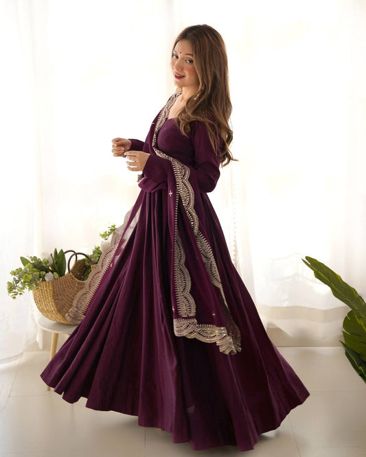 Wine Anarkali Suit with Embroidered Dupatta
