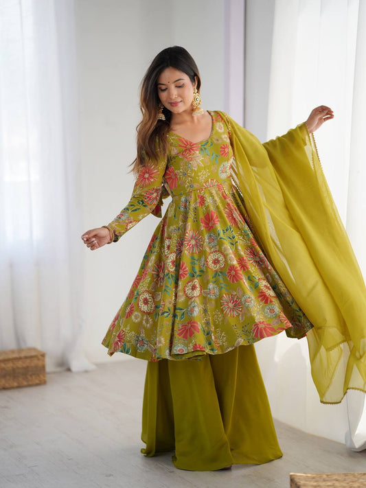 Green Pure Soft Romansilk Chanderi Printed Plazzo Suit Set