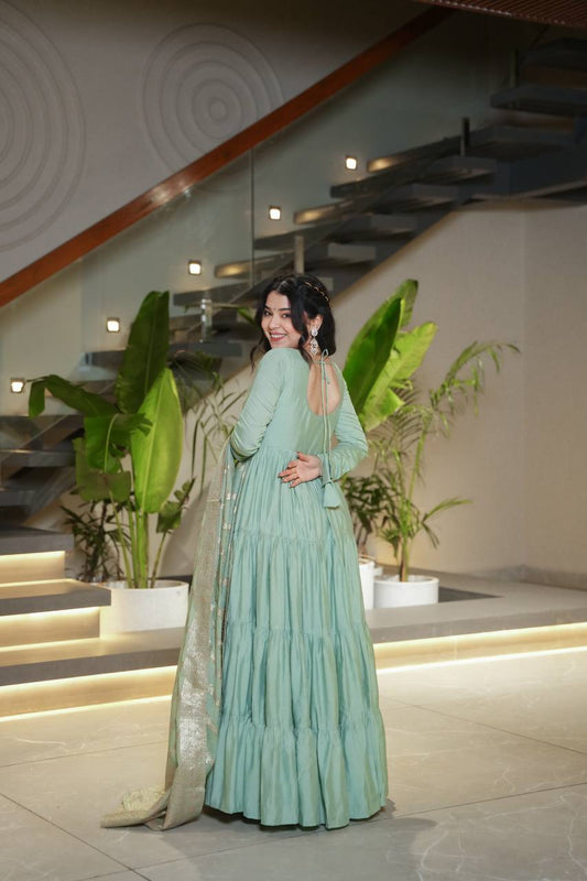 Pista Color Pure Roman Silk Ruffle Style Anarkali Suit Set