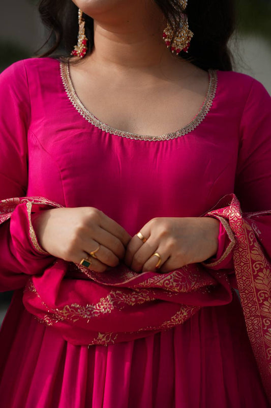 Pink Color Pure Roman Silk Ruffle Style Anarkali Suit Set