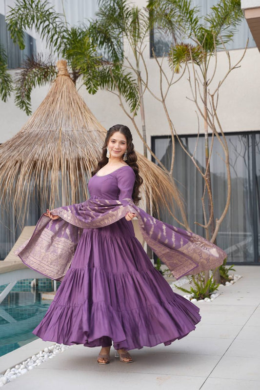 Mauve Purple Color Pure Roman Silk Ruffle Style Anarkali Suit Set