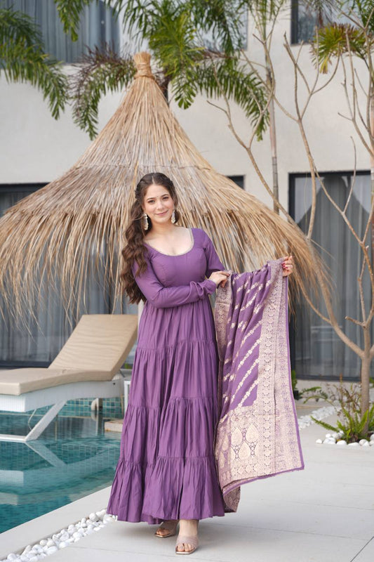 Mauve Purple Color Pure Roman Silk Ruffle Style Anarkali Suit Set