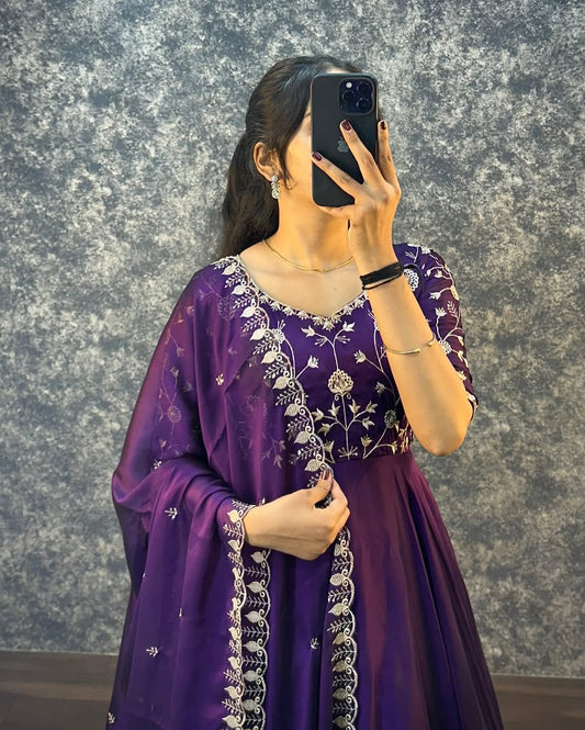 Wedding Wear Embroidered Work Purple Color Silk Gown