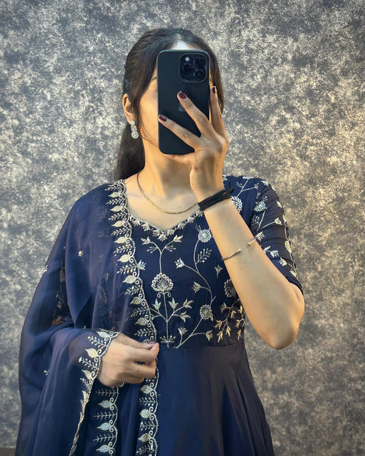 Wedding Wear Embroidered Work Navy Blue Color Silk Gown