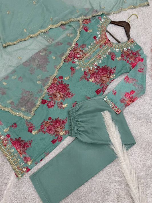 Party Wear Teal Blue Kundan Organza Suit With Embroidery Coding Dori-Sequence Worked