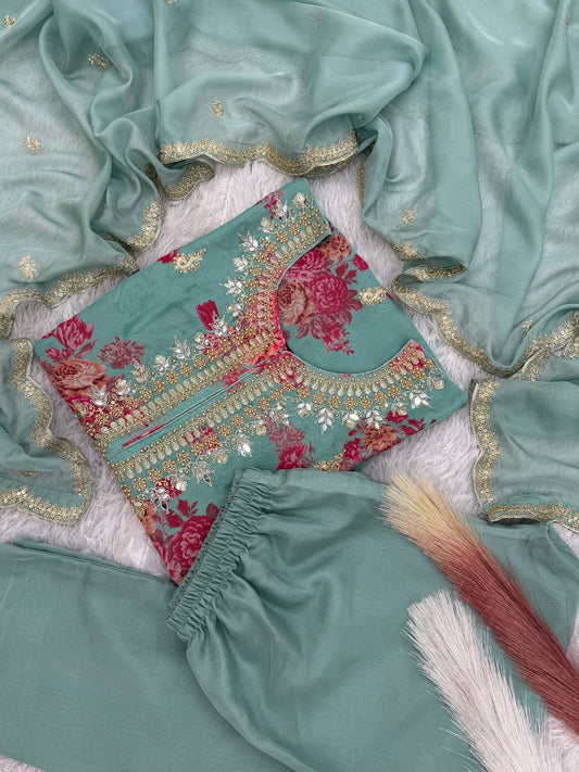 Party Wear Teal Blue Kundan Organza Suit With Embroidery Coding Dori-Sequence Worked