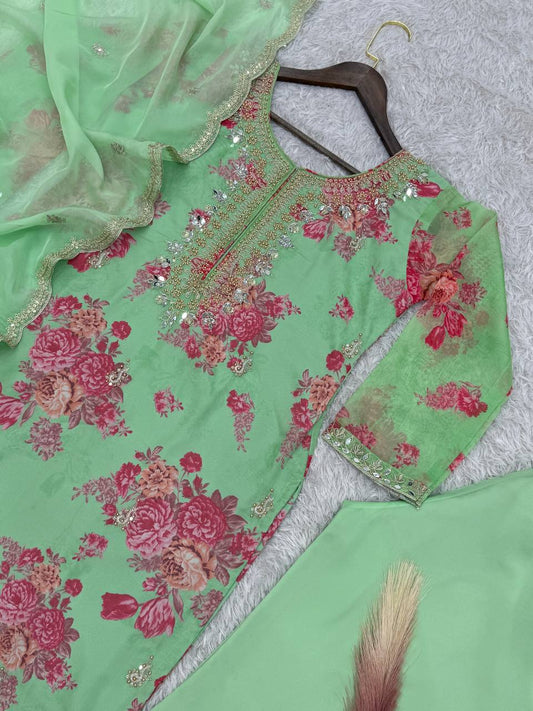 Party Wear Sea Green Kundan Organza Suit With Embroidery Coding Dori-Sequence Worked