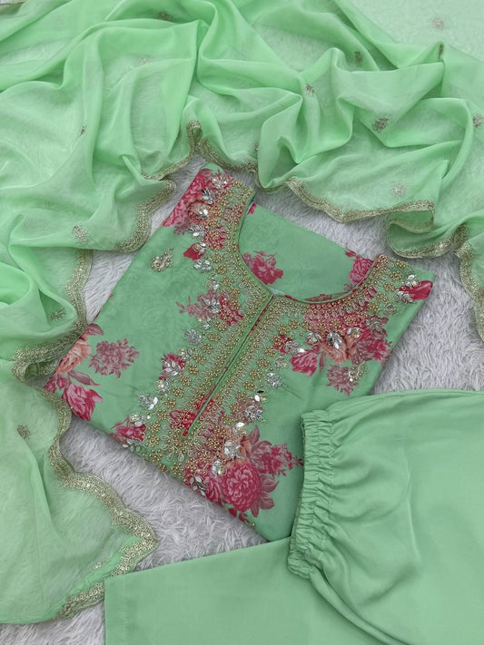 Party Wear Sea Green Kundan Organza Suit With Embroidery Coding Dori-Sequence Worked