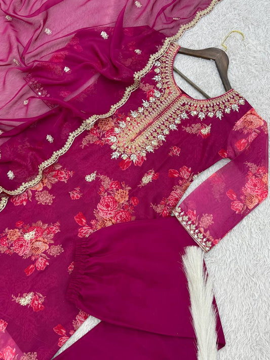 Party Wear Wine Kundan Organza Suit With Embroidery Coding Dori-Sequence Worked