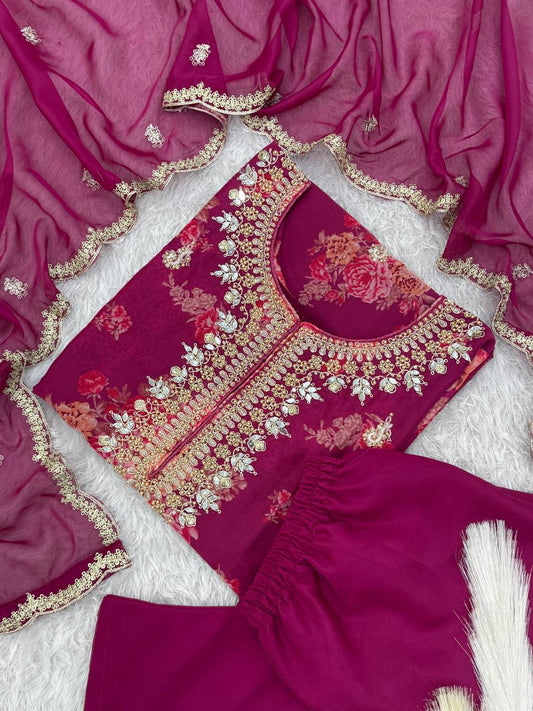 Party Wear Wine Kundan Organza Suit With Embroidery Coding Dori-Sequence Worked