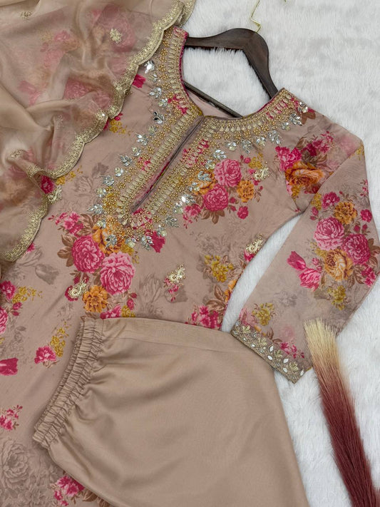 Party Wear Cream Kundan Organza Suit With Embroidery Coding Dori-Sequence Worked