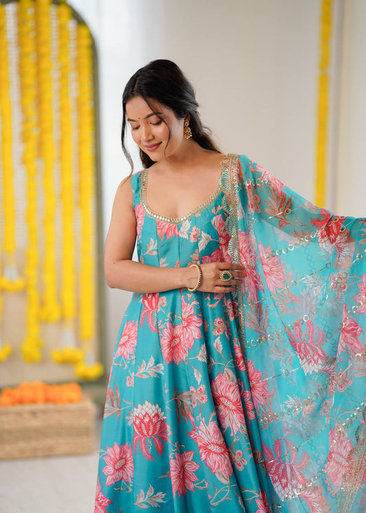 Designer Party Wear Blue Color Pure Muslin Anarkali Suit