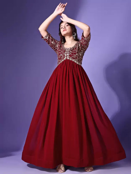 Embroidered Georgette Stitched Flared/A-line Gown  (Maroon)