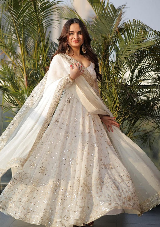 White Embroidered Georgette Anarkali Set
