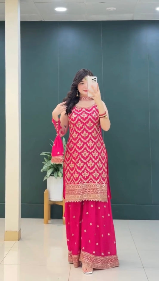 Pink Color Embroidery Sequence Worked Top Plazzo And Dupatta Set