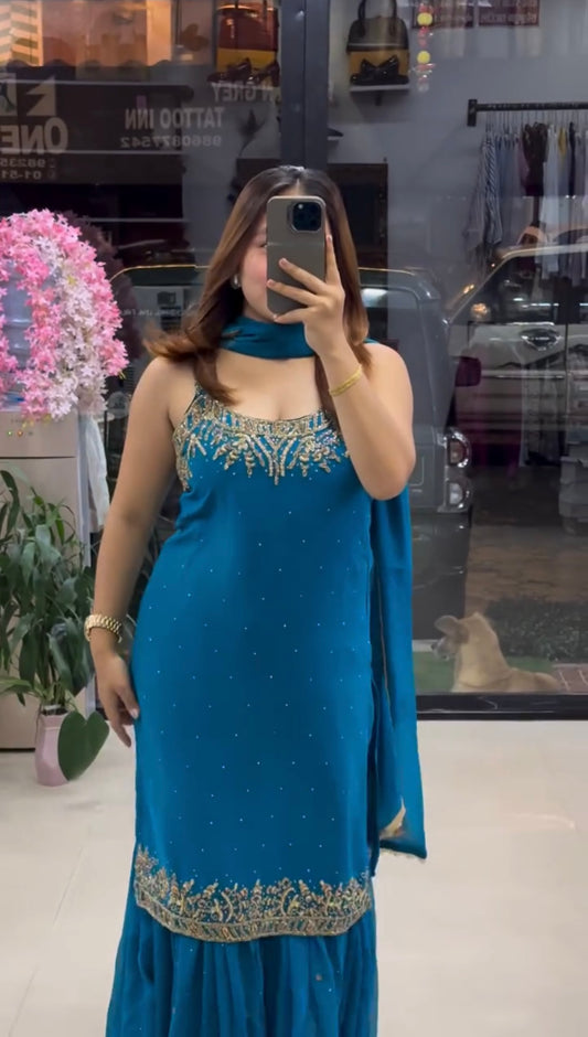Teal Blue Designer Embroidered Sequence Sharara Suit Set