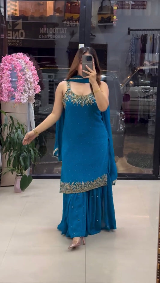 Teal Blue Designer Embroidered Sequence Sharara Suit Set