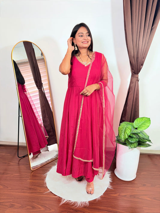 Designer Rani Pink Anarkali Kurta Set with Gold Lace Border Dupatta