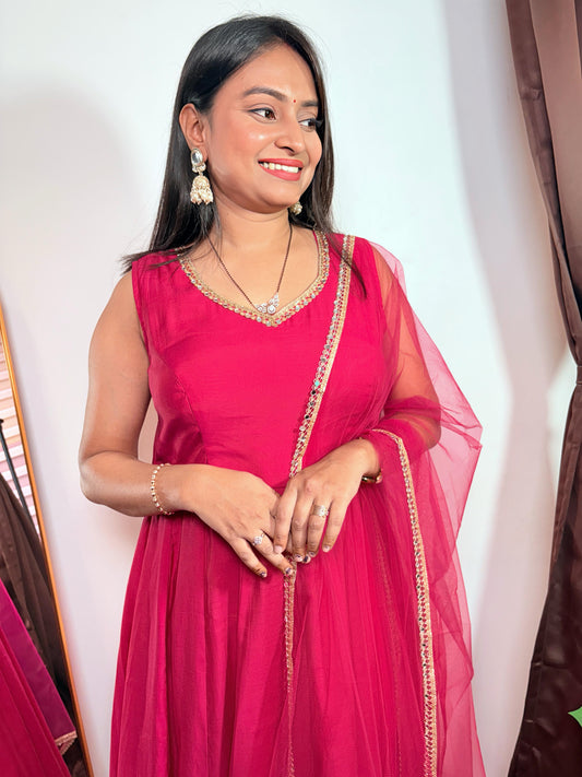 Designer Rani Pink Anarkali Kurta Set with Gold Lace Border Dupatta