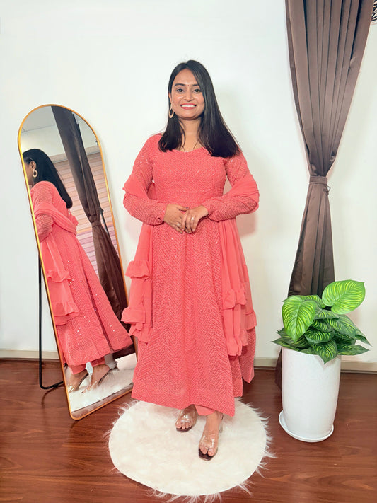 Peach Embroidered Anarkali Suit with Ruffle Dupatta