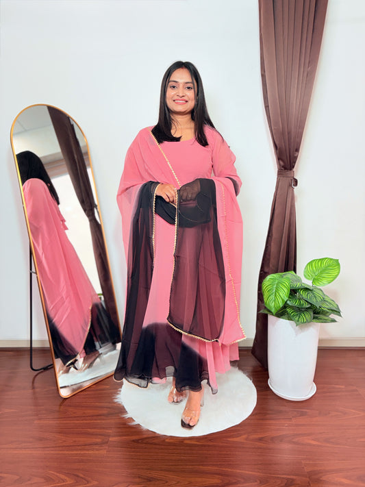 Pink Georgette Anarkali Kurti Set with Black Ombre Dupatta