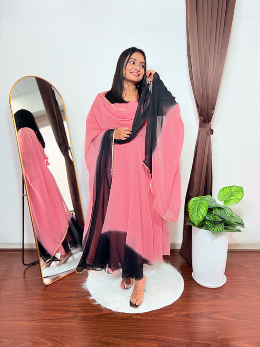 Pink Georgette Anarkali Kurti Set with Black Ombre Dupatta