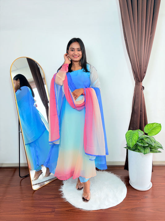 Pastel Multicolor Anarkali Kurti Set in Georgette