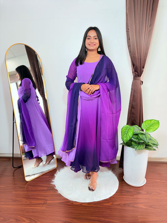 Purple Georgette Anarkali Kurti Set with Ombre Dupatta