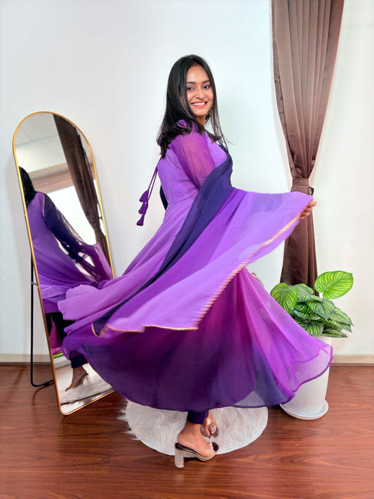 Purple Georgette Anarkali Kurti Set with Ombre Dupatta