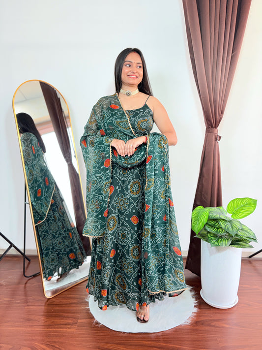 Elegant Dark Green Bandhani Anarkali Suit With Dupatta