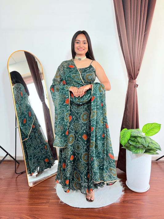 Elegant Dark Green Bandhani Anarkali Suit With Dupatta