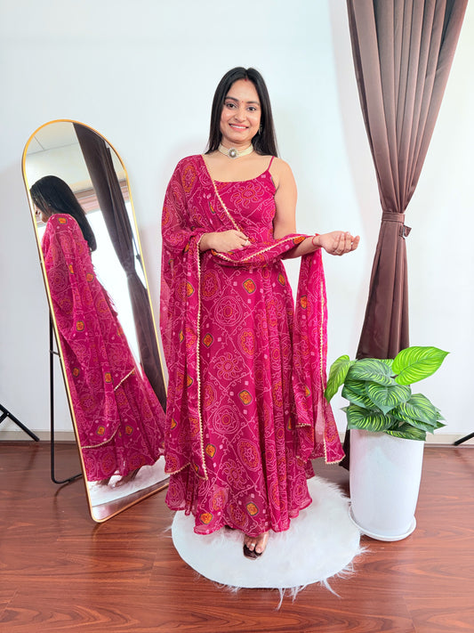 Vibrant Pink Bandhani Anarkali Set for Women With Matching Dupatta